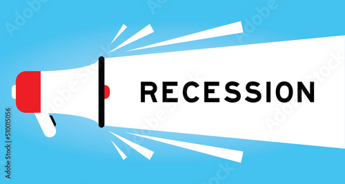Color megaphone icon with word recession in white banner on blue background