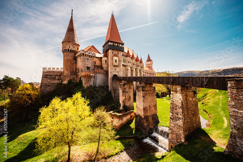 Corvin Castle with wooden bridge, Hunedoara, Hunyad Castle,  Transylvania, Romania, Europe. photo