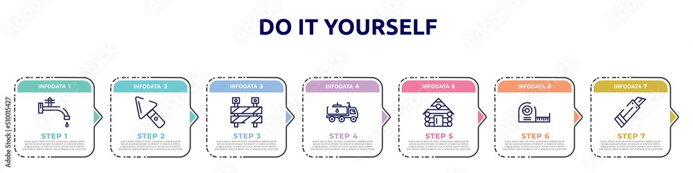 do it yourself concept infographic design template. included stopcock, construction palette, barrier construction limit tool, fuel truck, cabin house, measuring tape, paper cutter icons and 7 option do it yourself concept infographic design template. included stopcock, construction palette, barrier construction limit tool, fuel truck, cabin house, measuring tape, paper cutter icons and 7 option