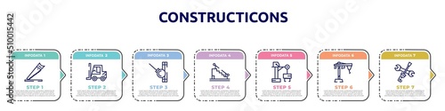 constructicons concept infographic design template. included wood saw, forklift tool, demolishing ball, stairs with handle, big derrick with boxes, construction hand drawn sketch, screwdriver and