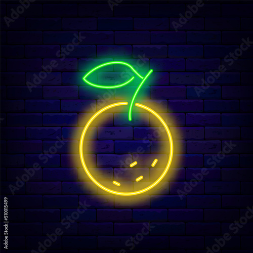Orange neon icon. Citrus acid. Fruit shop logo. Slot machine element. Bright logo. Vector stock illustration