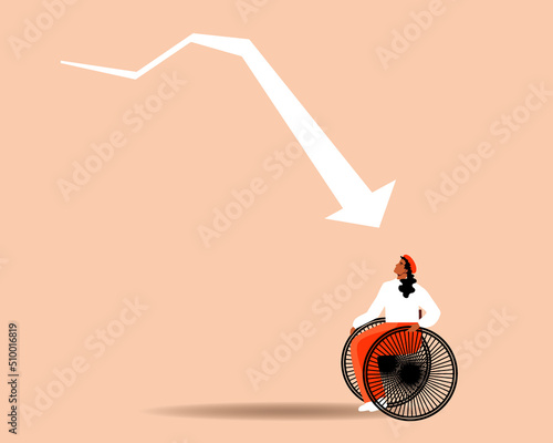 Disabled person and financial arrow, flat vector stock illustration as concept of crisis, financial insecurity of inclusive people