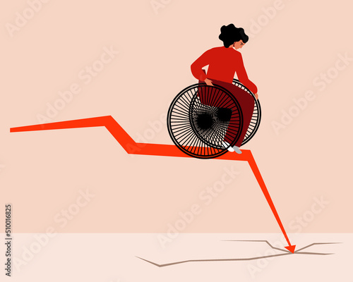 Disabled person in wheelchair and economic crisis, flat vector stock illustration as concept of insecurity of inclusive people