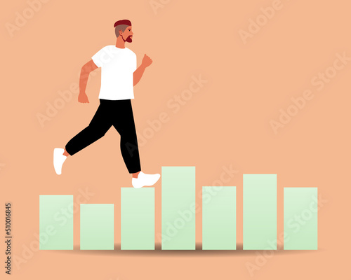 Man runs on Stock Market and Exchange, flat vector stock illustration with graph or economic chart, template with place for text