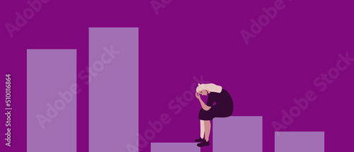 Sad woman on Stock Market and Exchange, flat vector stock illustration with crisis graph or economic chart and depressive emotions
