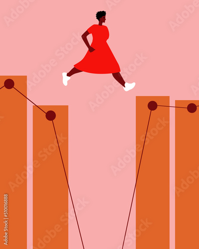 Woman jumps through hole in Stock Market and Exchange, flat vector stock illustration with graph, concept of financial uncertainty of trading