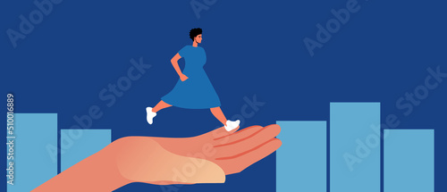 Woman on Stock Market and Exchange in uncertainty, flat vector stock illustration with graph or economic chart, support hand