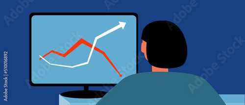 Trader's work with financial charts on Stock Market and Exchange, flat vector stock illustration, woman and computer monitor