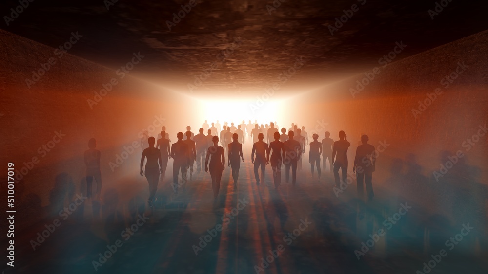 People go to light in the fog. In long tunnel. The crowd is moving into the distance. Throng goes in one direction. Mysterious world. Way to paradise.  3D rendering