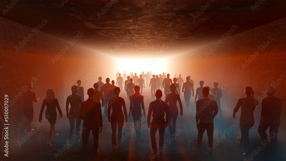 People go to light in the fog. In long tunnel. The crowd is moving into the distance. Throng goes in one direction. Mysterious world. Way to paradise.  3D rendering