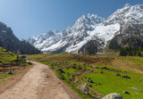 wide shot of alpine meadow with glaciers in backdrop in  Sonmarg, Kashmir, India