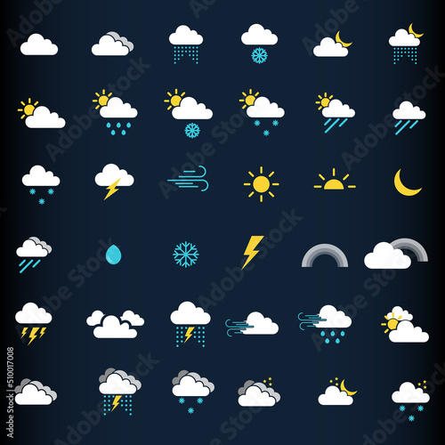 Weather Forecast Meteorology Icons Set. Sun, Snow, Cloud, Rain, Storm, Sunrise, Dawn, Moon, Wind. Minimal Flat Pictograms on a Dark Background