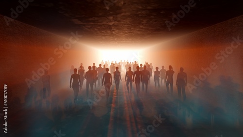People go to light in the fog. In long tunnel. The crowd is moving into the distance. Throng goes in one direction. Mysterious world. Way to paradise.  3D rendering photo