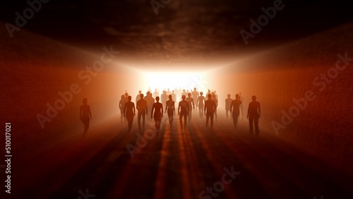 People go to light in the fog. In long tunnel. The crowd is moving into the distance. Throng goes in one direction. Mysterious world. Way to paradise.  3D rendering © Сергей Воеводин