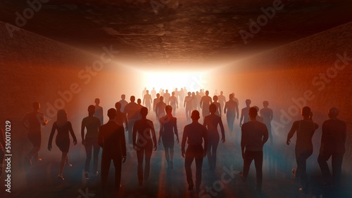 People go to light in the fog. In long tunnel. The crowd is moving into the distance. Throng goes in one direction. Mysterious world. Way to paradise. 3D rendering