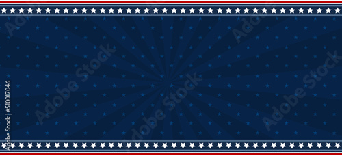 Large vertical illustration with star-striped ribbons on a dark blue background with copy space for Independence Day. Abstract background with red stripes, stars and blue background. photo