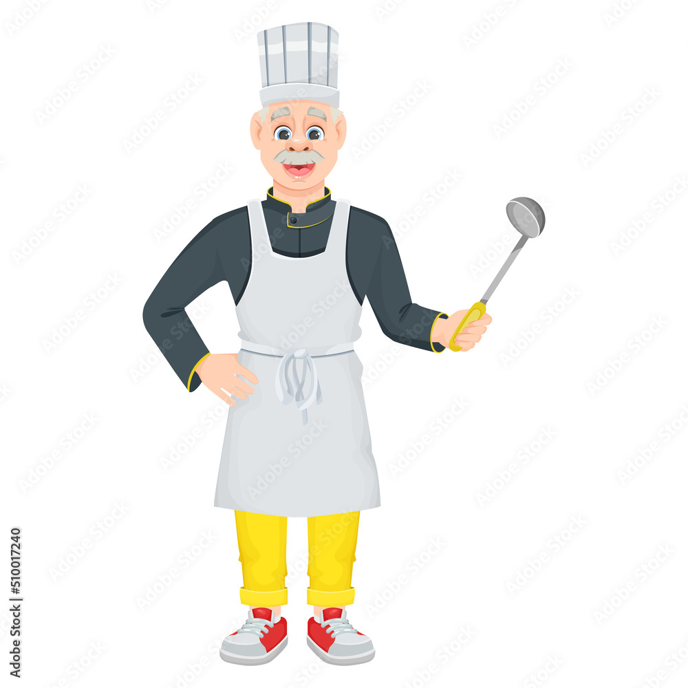A cartoon cheerful male chef holds a ladle. Smiling old chef highlighted on a white background. Vector illustration for menus, games or banners. A cartoon cheerful male chef holds a ladle. Smiling old chef highlighted on a white background. Vector illustration for menus, games or banners.