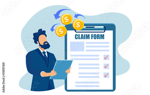 Vector of a businessman filling out a claim form to get compensation photo