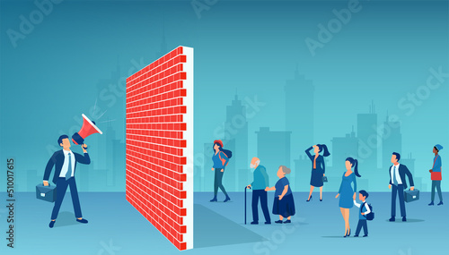 Vector of a wall between a politician business man making a promise and a group of diverse people