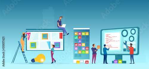 Vector of programmers designing a web and mobile application