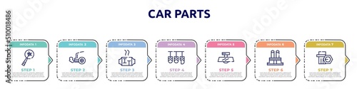 car parts concept infographic design template. included car crank, car exhaust, catalytic converter, pedal, rear-view mirror, distributor cap, wheel nut icons and 7 option or steps.