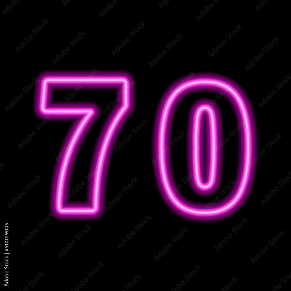 Neon pink number 70 on black background. Serial number, price, place Neon pink number 70 on black background. Serial number, price, place