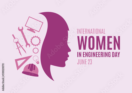 International Women in Engineering Day vector. Woman face in profile purple silhouette vector. Female engineer design element. Engineering icon set vector. June 23. Important day
