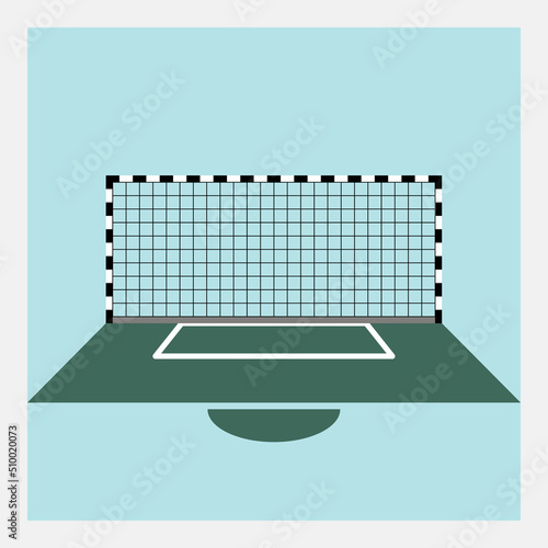 Monochrome football goal. Front view. Sports equipment with net. Two bars and crossbar. Green field fragment with white markings in front of gate. Ball game. Black and white gate fixed on ground.