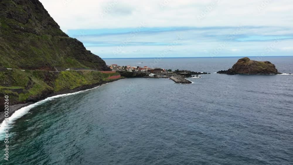 Drone hyperlapse along coastline towards Porto Moniz harbour, Madeira Drone hyperlapse along coastline towards Porto Moniz harbour, Madeira