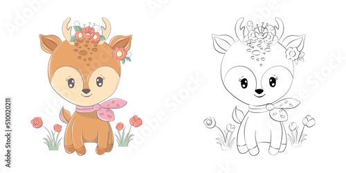 Fototapeta Naklejka Na Ścianę i Meble -  Cute Clipart Deer Illustration and For Coloring Page. Cartoon Clip Art Deer with Flowers. Vector Illustration of an Animal for Stickers, Baby Shower, Coloring Pages, Prints for Clothes