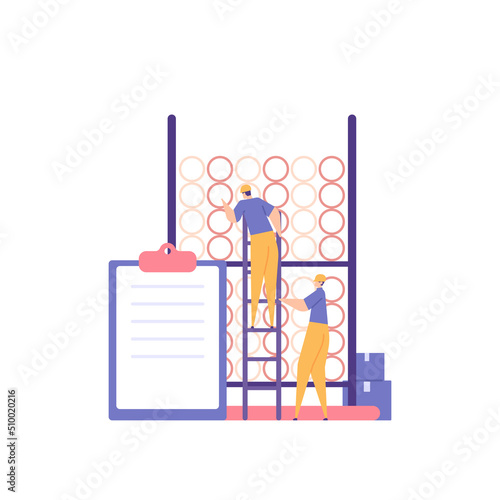 Production Planning and Inventory Control. stock take, warehouse admin, goods supervisor. a staff or worker calculates, records, and manages inventory materials. flat cartoon illustration. concept