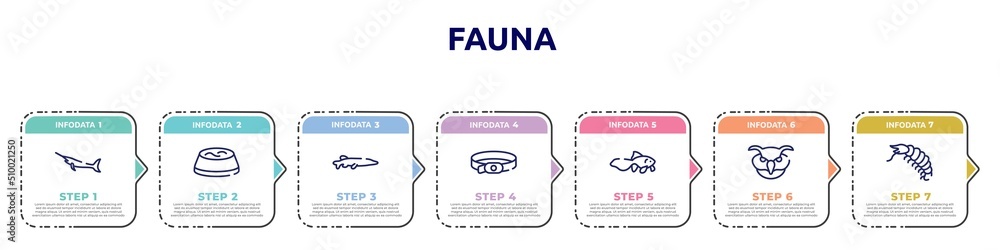 fauna concept infographic design template. included big swordfish, water bowl, big pike, dog collar, gold fish, owl head, big shrimp icons and 7 option or steps. fauna concept infographic design template. included big swordfish, water bowl, big pike, dog collar, gold fish, owl head, big shrimp icons and 7 option or steps.