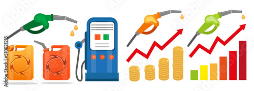  petrol fuel icon set flat style refueling gun and canister, Rising gas prices and Oil increase fuel concept infographics. vector illustration