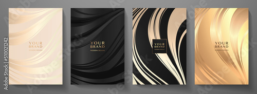 Premium cover design set. Wavy background with line pattern (wavy curves). Luxury vector in black, gold colours for business background, sport brochure template, planner, flyer a4, music poster photo