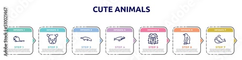 cute animals concept infographic design template. included sitting mouse, face of staring dog, sitting anteater, whale swimming, long haired dog head, sitting penguin, big whale icons and 7 option