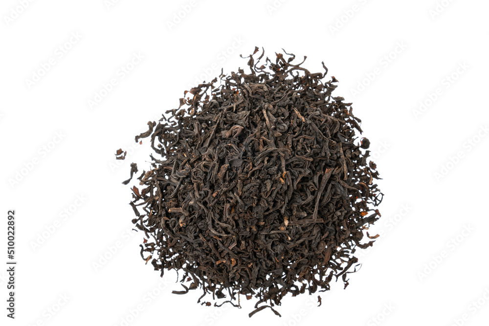Pile of dry black tea leaves isolated on white background, top view. Pile of dry black tea leaves isolated on white background, top view.