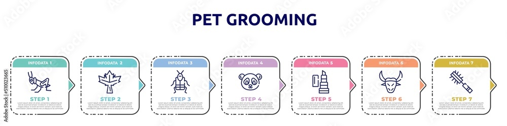 pet grooming concept infographic design template. included grasshopper, maple leaf, crioceris, panda bear, balm, buffalo, pet brush icons and 7 option or steps. pet grooming concept infographic design template. included grasshopper, maple leaf, crioceris, panda bear, balm, buffalo, pet brush icons and 7 option or steps.