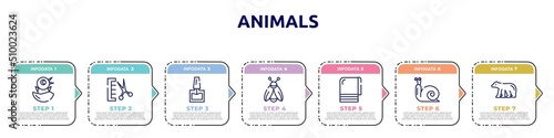 animals concept infographic design template. included chick, groomer, nail polish, firefly, towel, snail, polar bear icons and 7 option or steps.