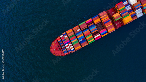 Aerial view container ship at terminal commercial seaport freight shipping maritime vessel, Global business supply chain import export logistic transportation oversea worldwide by container cargo ship
