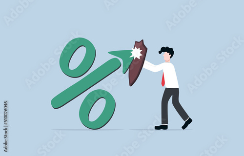 Measures to prevent high inflation from government or central bank, federal reserve policy to maintain economy concept. Businessman holding shield to face percent up arrow symbol.