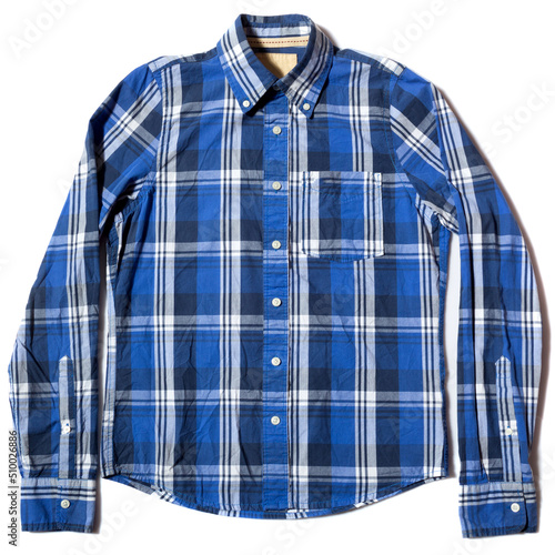 blue plaid long sleeve men's shirt on white background