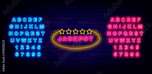 Jackpot neon sign with stars. Shiny blue and pink alphabet. Casino design. Vector stock illustration