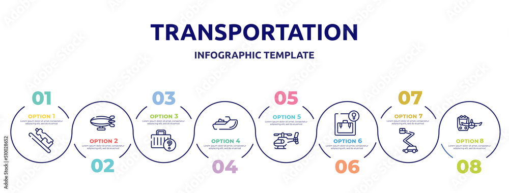 transportation concept infographic design template. included hydration, airship side view, lost and found, sea scooter, helicopter side view, left luggage, aerial lift, miscellaneous icons and 8