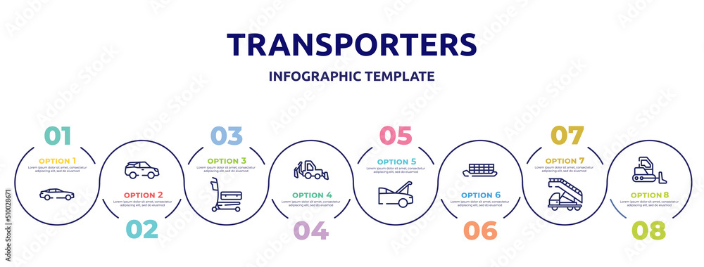 transporters concept infographic design template. included car side view, electric car side view, airport cart, backhoe, hood open, container ship side view, airport truck, bulldozer icons and 8 transporters concept infographic design template. included car side view, electric car side view, airport cart, backhoe, hood open, container ship side view, airport truck, bulldozer icons and 8