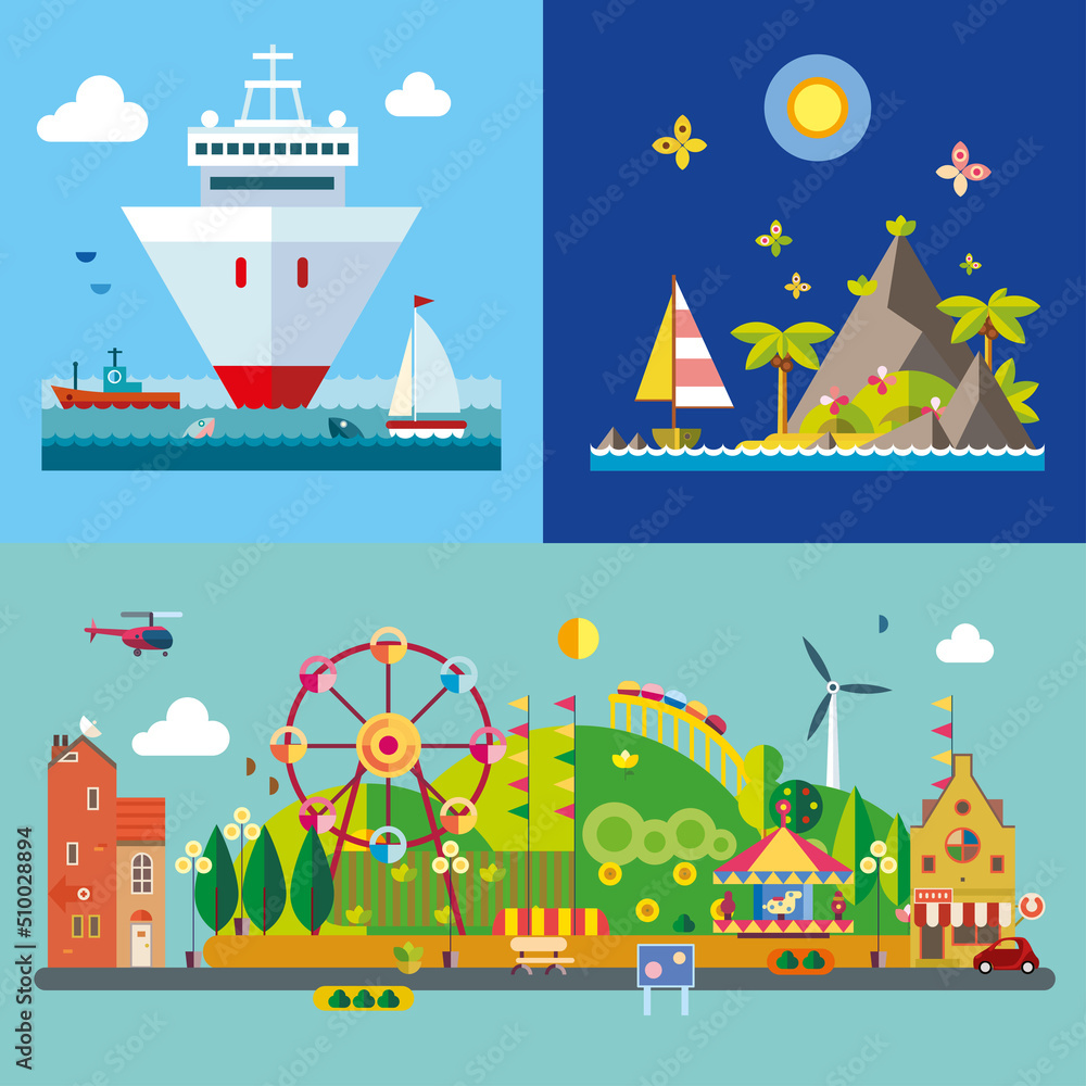 Modern flat design conceptual illustration. Amusement park, cruise and island.
