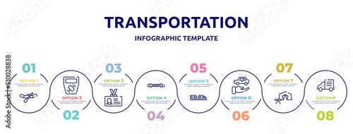 transportation concept infographic design template. included watercraft, ticket validator, identity card, damper, hyperloop, rental car, campsite, mini truck icons and 8 option or steps.