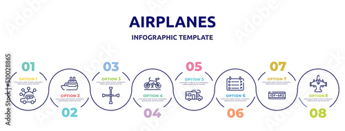 airplanes concept infographic design template. included carsharing, cruise ship, cross wrench, road bike, rv, departure, license plate, military airplane bottom view icons and 8 option or steps.