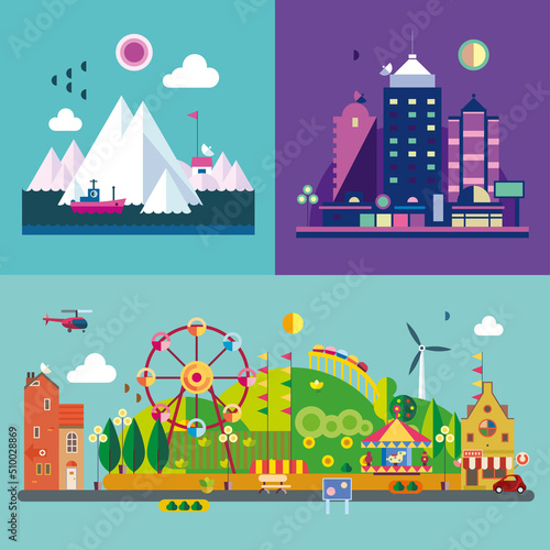 Modern flat design conceptual illustration. Amusement park, icebreaker and metropolis.