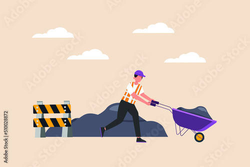 Road construction worker carrying trolley the sand truck. Road and building construction concept. Flat vector illustration isolated.