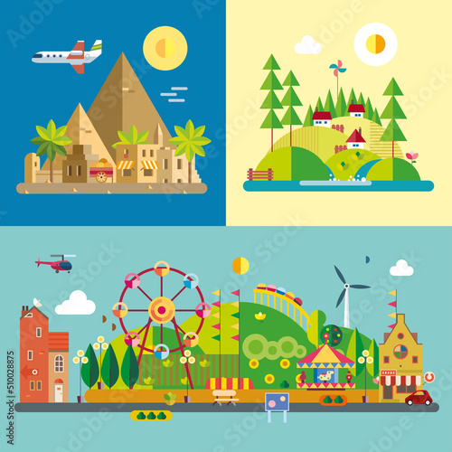 Modern flat design conceptual illustration. Amusement park, pyramid and meadow.